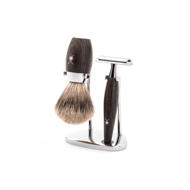 Kt rasoir de suretée et blaireau pur gris modéle en chêne fossilisé Kt rasoir de suretée et blaireau pur gris modéle en chêne fossilisé